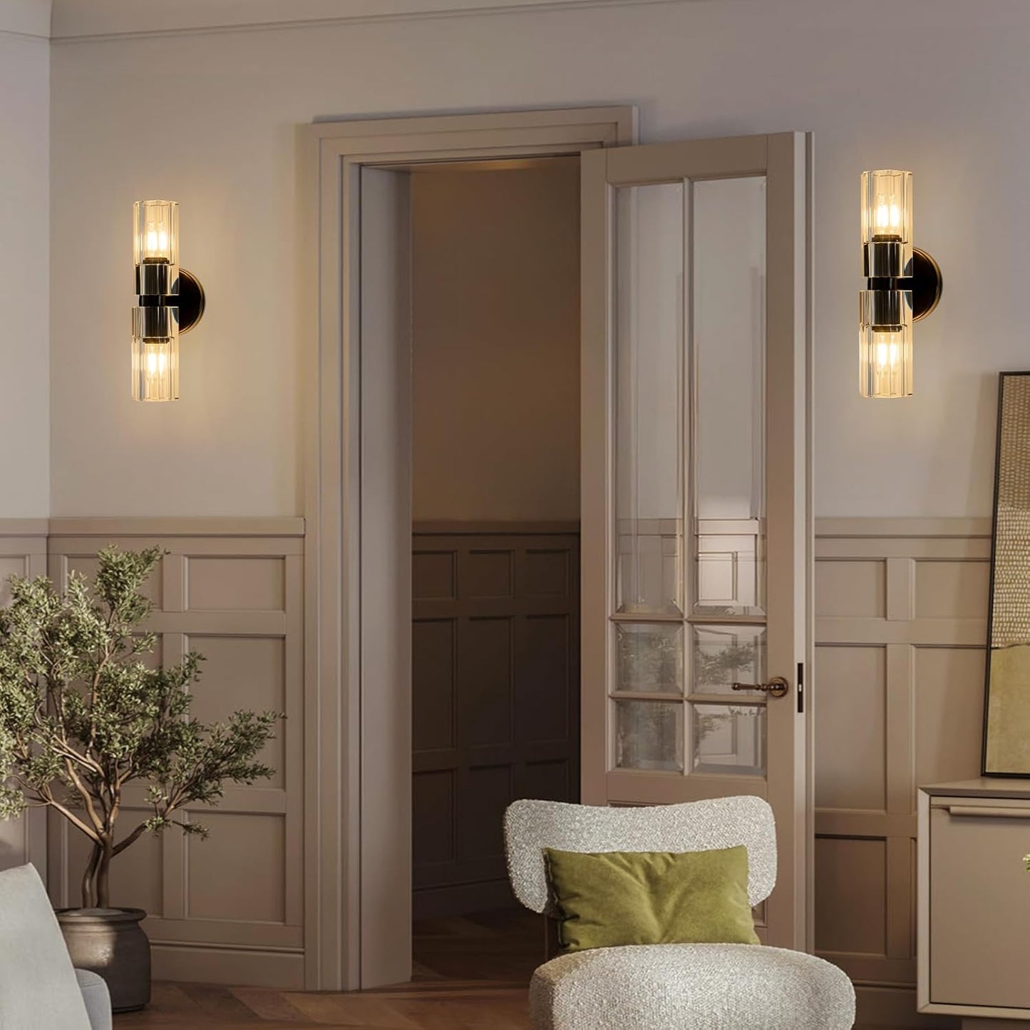 Black Crystal Wall Sconces Set of Two, Wall Sconce Set of 2, Black Sconces Wall Lighting with K9 Crystal Lampshade, Wall Lights for Bedroom Living Room Bathroom Hallway