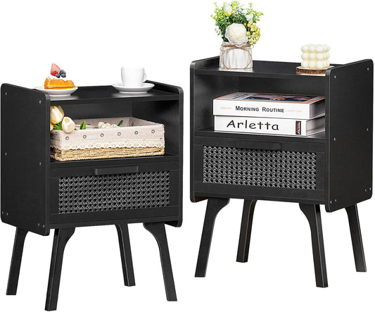 Lerliuo Rattan Nightstands Set of 2, Boho Side Table with Drawer Open Shelf, Cane Accent Bedside End Table with Solid Wood Legs for Bedroom, Dorm and Small Spaces (Black)