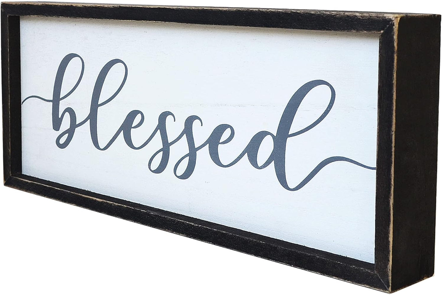 Rustic Blessed Freestanding Sign Home Decor for Living Room - Farmhouse Framed Blessed Wall Art Solid Wood Grey 12x5 Inches