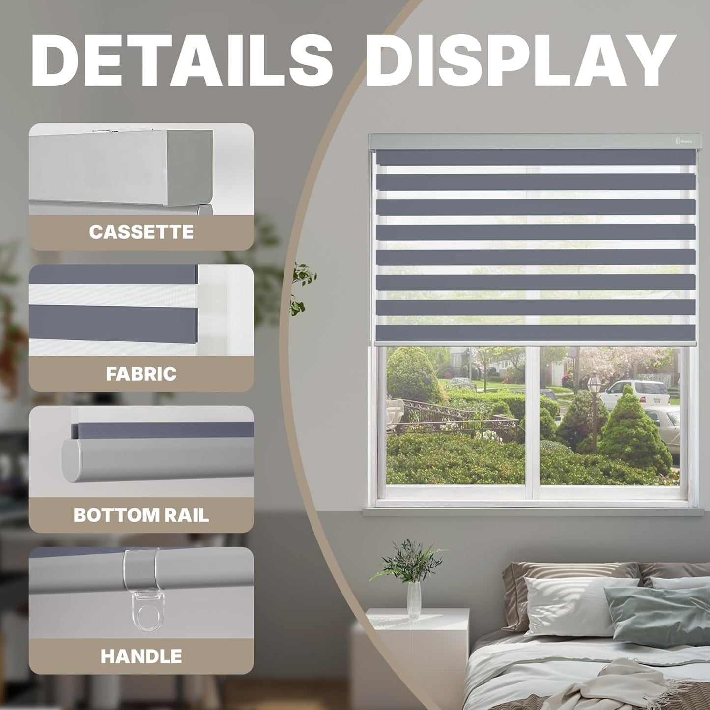 HESTIA Cordless Zebra Blinds Light Filtering Roller Shades UV Blocking Blackout Privacy Indoor Window Blind for Home Office Day and Night, Blue Grey,27" W x 54" H