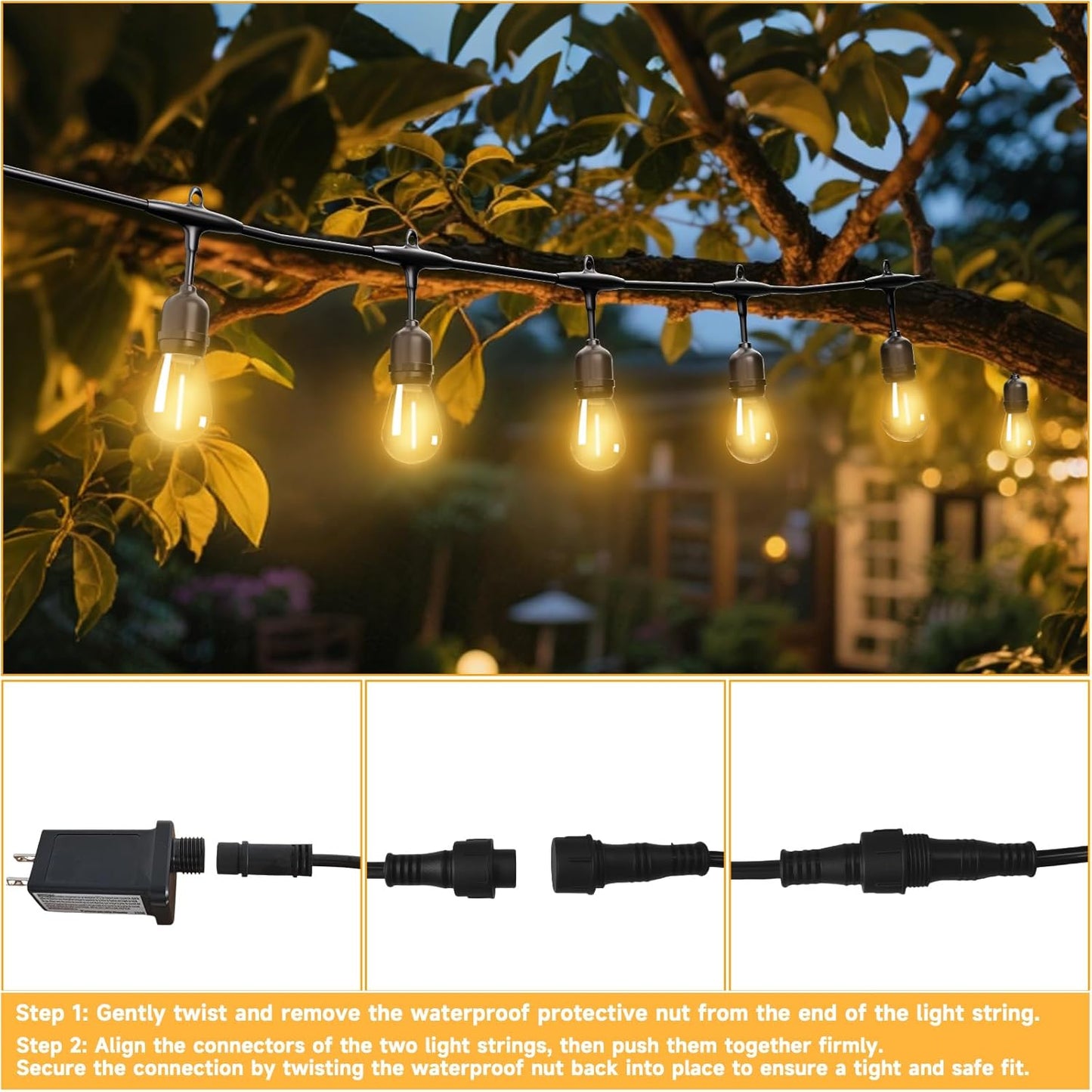 Outdoor Safety String Lights 150FT - 24V 20W Commercial Grade Low Voltage Strand with 60 S14 Shatterproof Bulbs for Tree Garden Yard Cafe Bistro | Warm Yellow 3500K | IP65 Waterproof | UL Listed