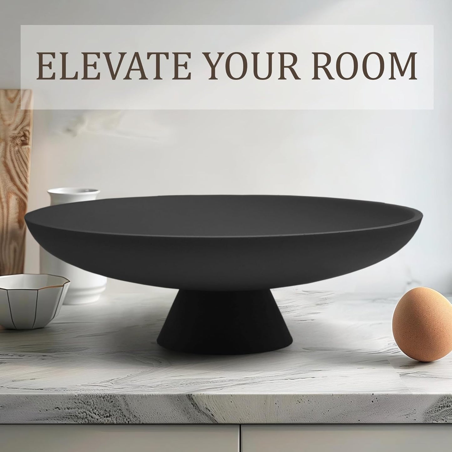 Large Decorative Bowl, Modern Resin Pedestal Bowl for Home Decor, Stylish Fruit Bowl for Kitchen Counter, Chic Key Holder for Entry Table, Matte Black
