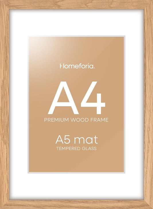 Homeforia A4 Picture Frame Wood, High-End Natural Oak 8.3 x 11.7 Wooden Poster Frames Matted to 5.8 by 8.3 inch Photo, A4 Size Light Wooden Frames with Mat A5 Print, Tempered Glass, Wall Kit, Set of 1