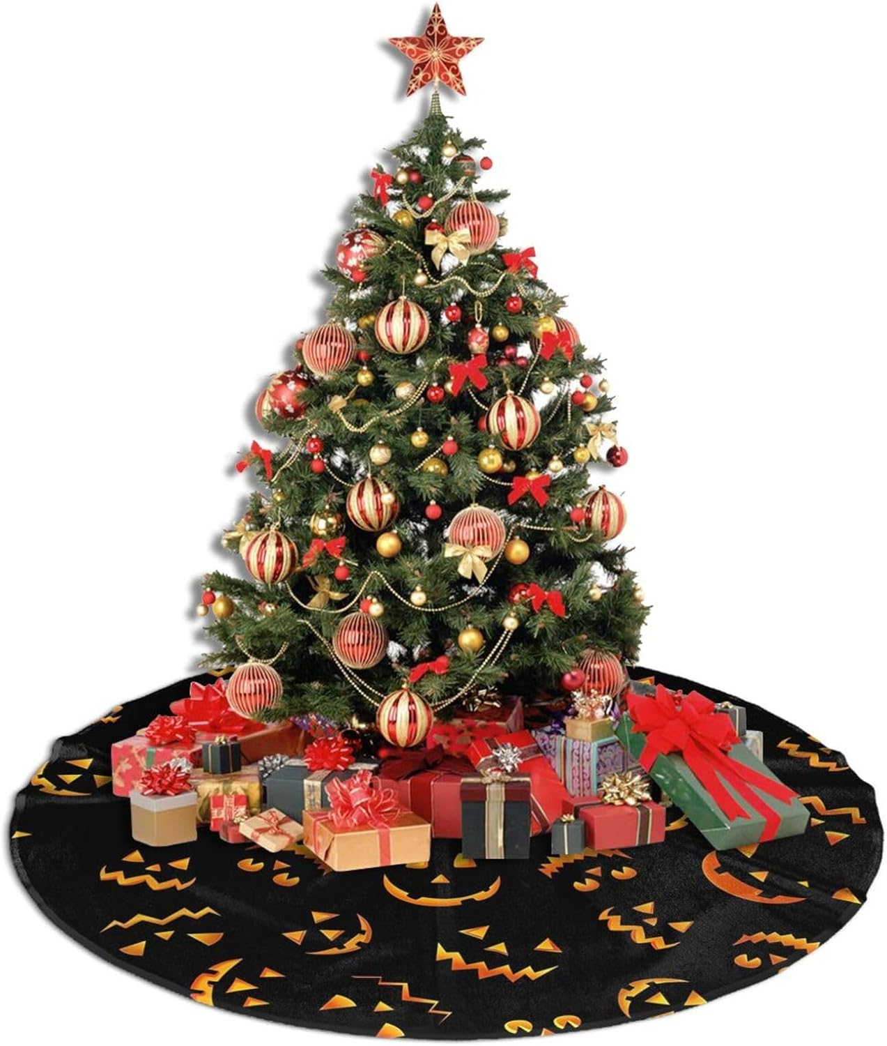 Christmas Tree Skirt,Jack O Lantern Pumpkin Smiles Xmas Tree Skirt Rustic Farmhouse Tree Skirt for Christmas Decor Xmas Holiday Home Party Decorations30