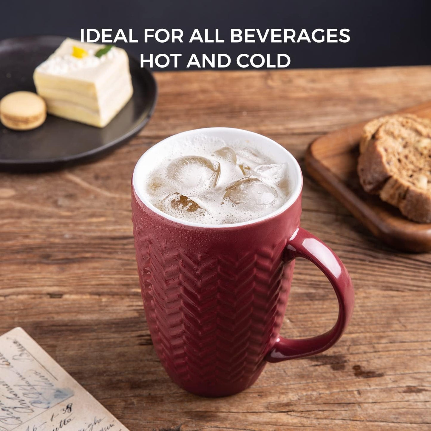 AmorArc Large Coffee Mugs Set of 6, 20oz Ceramic Tall Coffee Mugs Set with Textured Geometric Patterns for Coffee/Tea/Beer/Hot Cocoa, Dishwasher & Microwave Safe, Beige&Burgundy