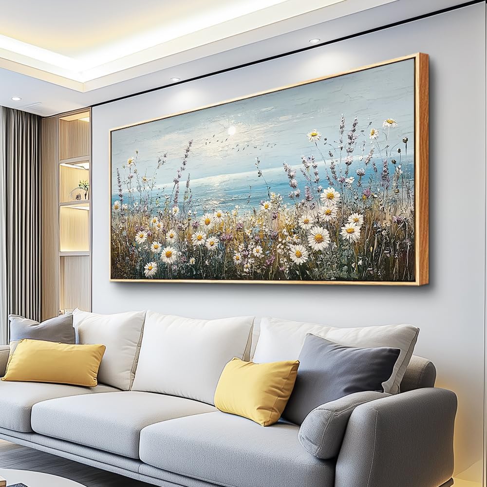 PHAOHUAXM Large Canvas Wall Decoration For Living Room Wall Art For Bedroom Office Decorations Blue Ocean Paintings Flowers Watercolour Wall Pictures Canvas Artworks Home Decor Wood Framed 24x48 In