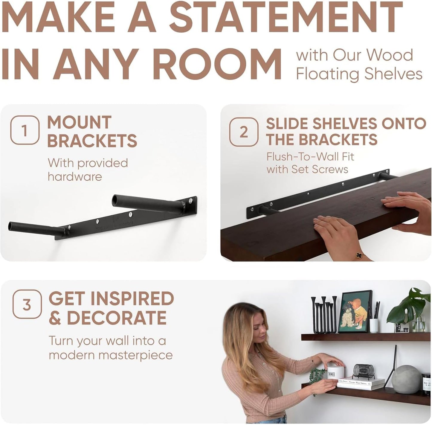 Homeforia Walnut 42 inch Floating Shelves, High End Solid Real Wood 42inch Floating Shelf for Wall, Large Dark Brown 42 inches Long Floating Shelves, Heavy Duty Bracket, 42 X 6.5 X 1.75 inch, Set of 2