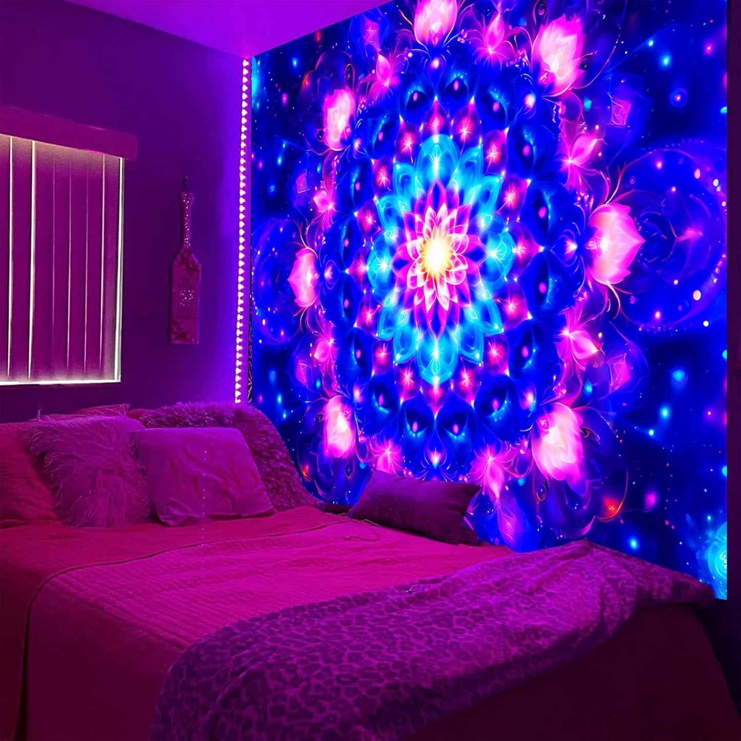 PSYHILAR Blacklight Mandala Tapestry for Bedroom, Psychedelic Black Light Posters for Adults and Teens, Colorful UV Reactive Aesthetic Bohemian Art Wall Hanging Decor (40 x 30 Inches)