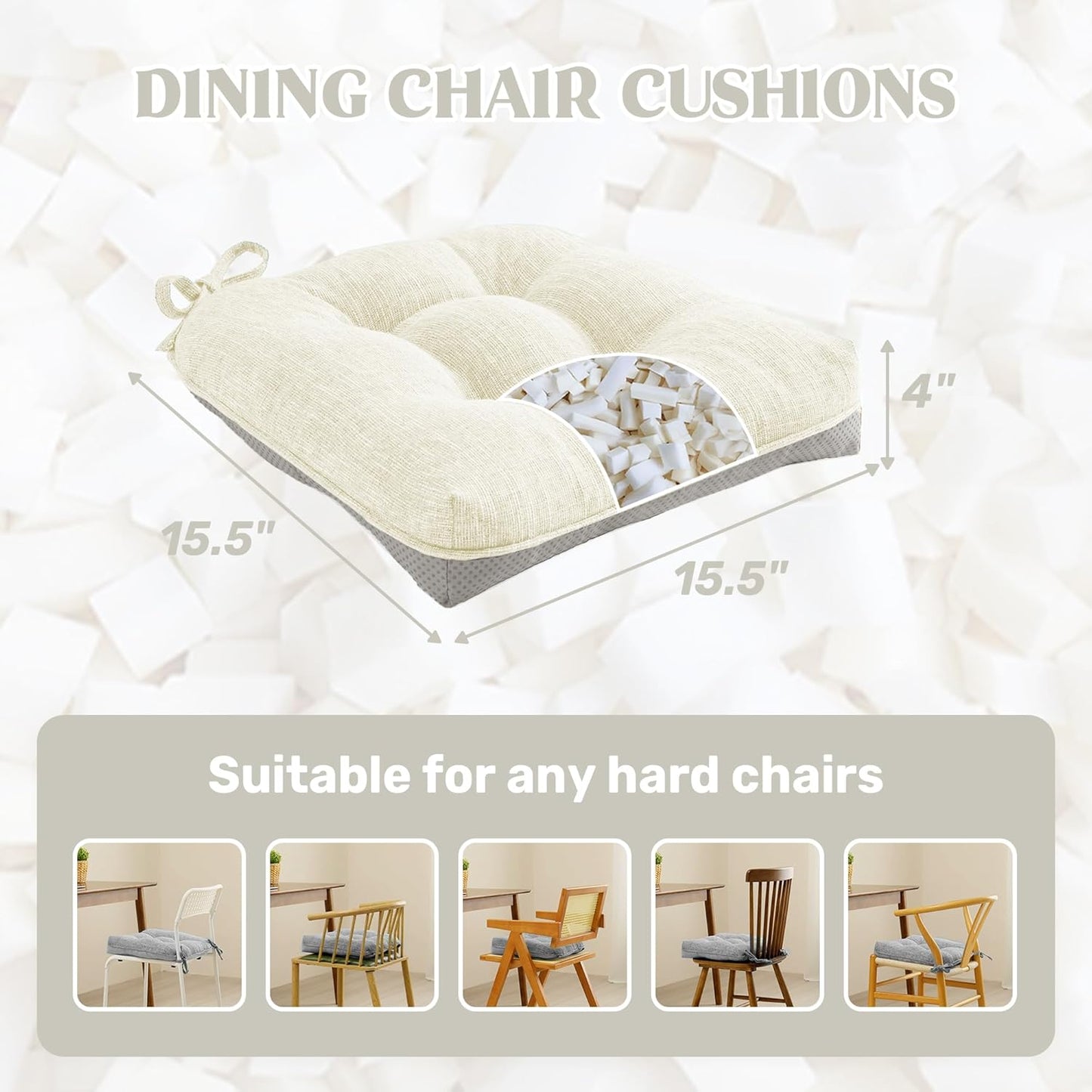 puredown® Chair Cushions for Dining Chairs, Tufted Memory Foam Chair Pads with Non-Slip Backing, Kitchen Seat Cushions with Ties, Washable Seat Pads Set of 4, 15.5" x 15.5" x 4", Ivory