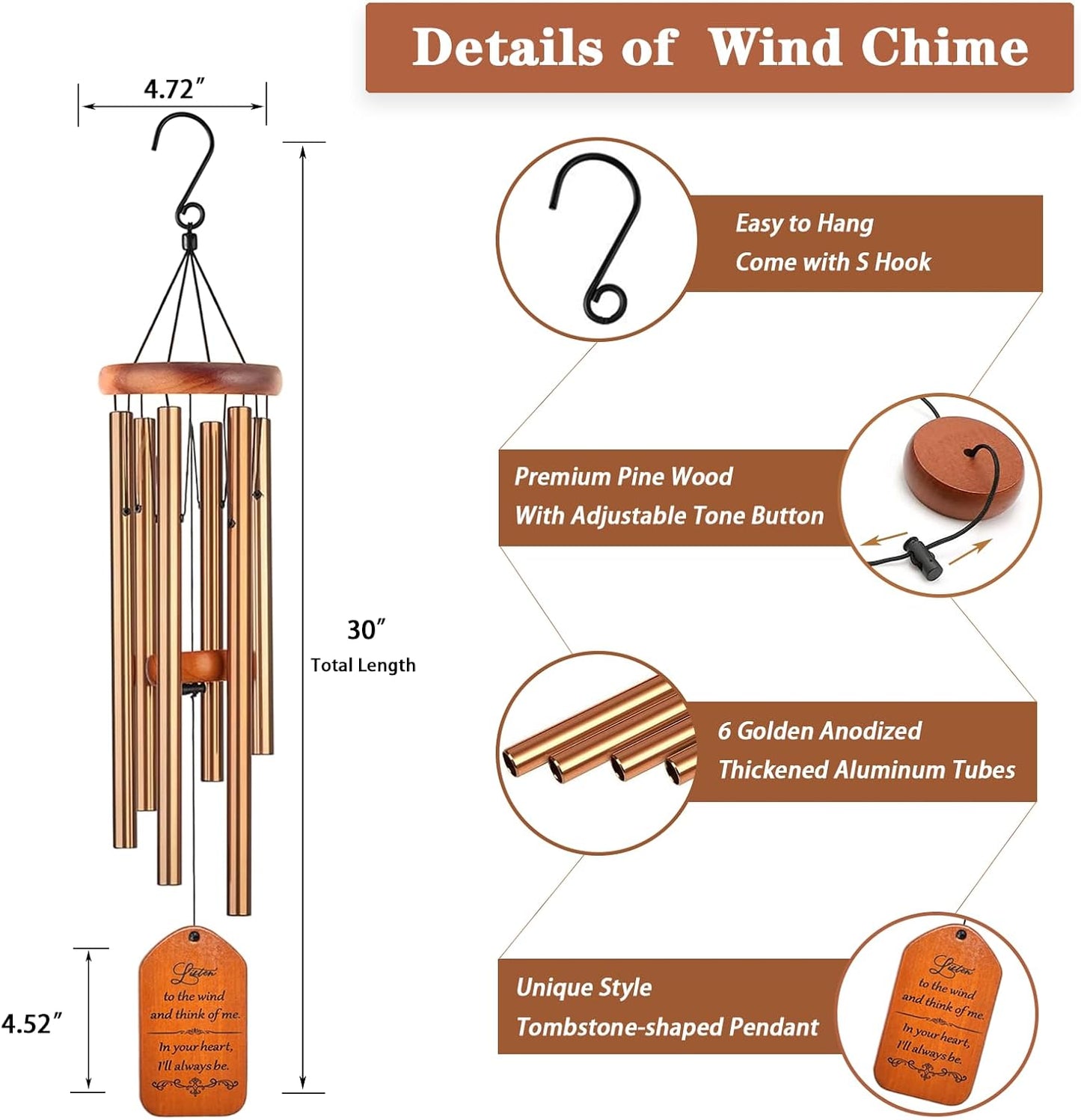 Memorial Gifts, 30" Wooden Sympathy Wind Chimes for Loss of Loved One, Memorial/Bereavement/Condolence/Funeral Gifts for a Loved One Mother Father Miscarriage