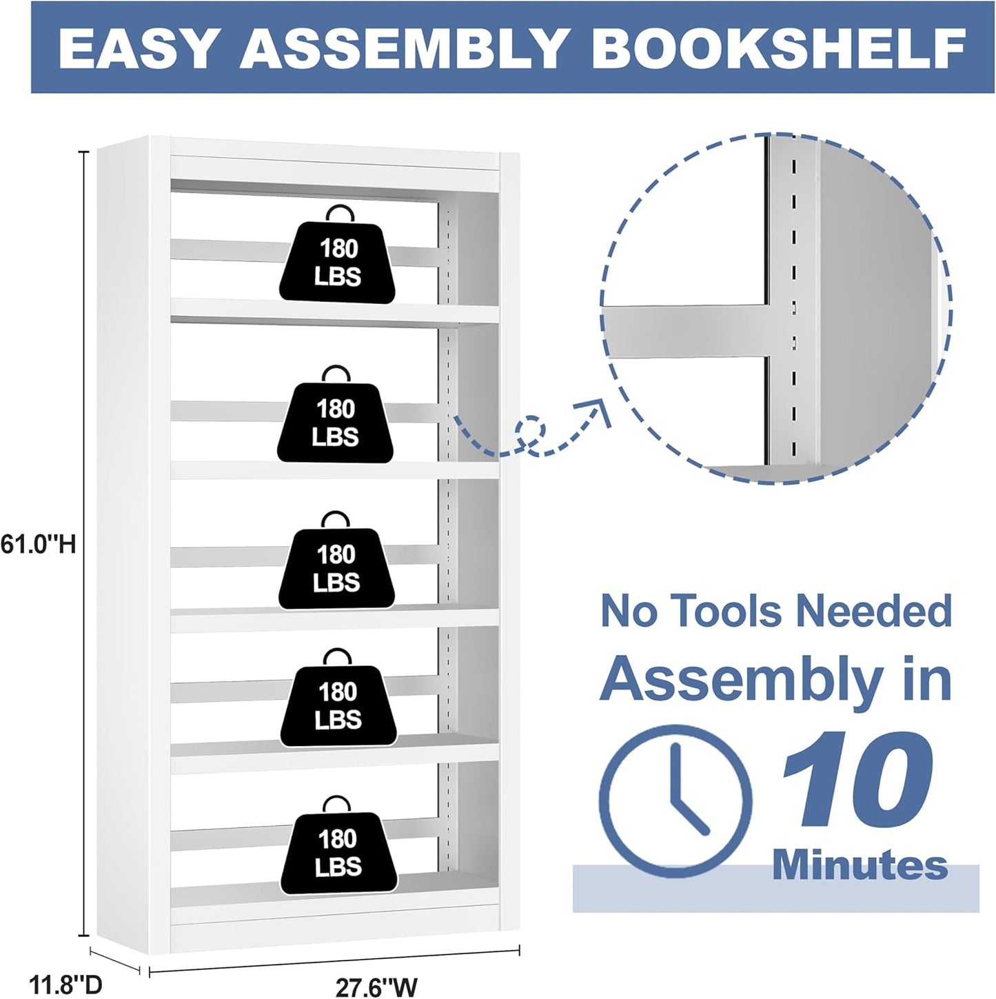 Metal Bookshelf Adjustable - 61" Tall White Bookcase, 5 Tier Book Shelf, Tooless Assembly Book Case, Modern Bookshelves and Bookcases for Home Office, Living Room, Bedroom, Study, Library