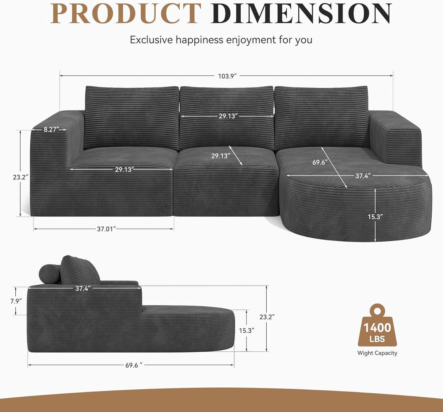 Modular Sectional Sofa with L-Shape Chaise,Cloud Sectional Modern Sleeper Couch with Deep Seat,Sponge Compression Sofas No Assembly Required(Dark Gray-Corduroy Fabric) 1PCS