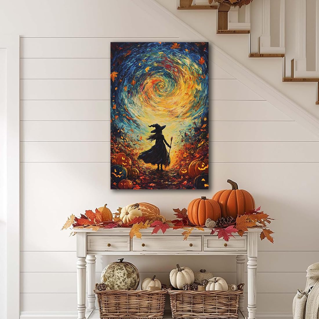 Halloween Autumn Witchy Decor Wall Art Prints,Gothic Witch in Whirlwind Autumn with Pumpkins Scene Pictures Poster,Fall Festival Home Decor Painting Canvas Poster for Bedroom Bathroom,24"x36" Framed