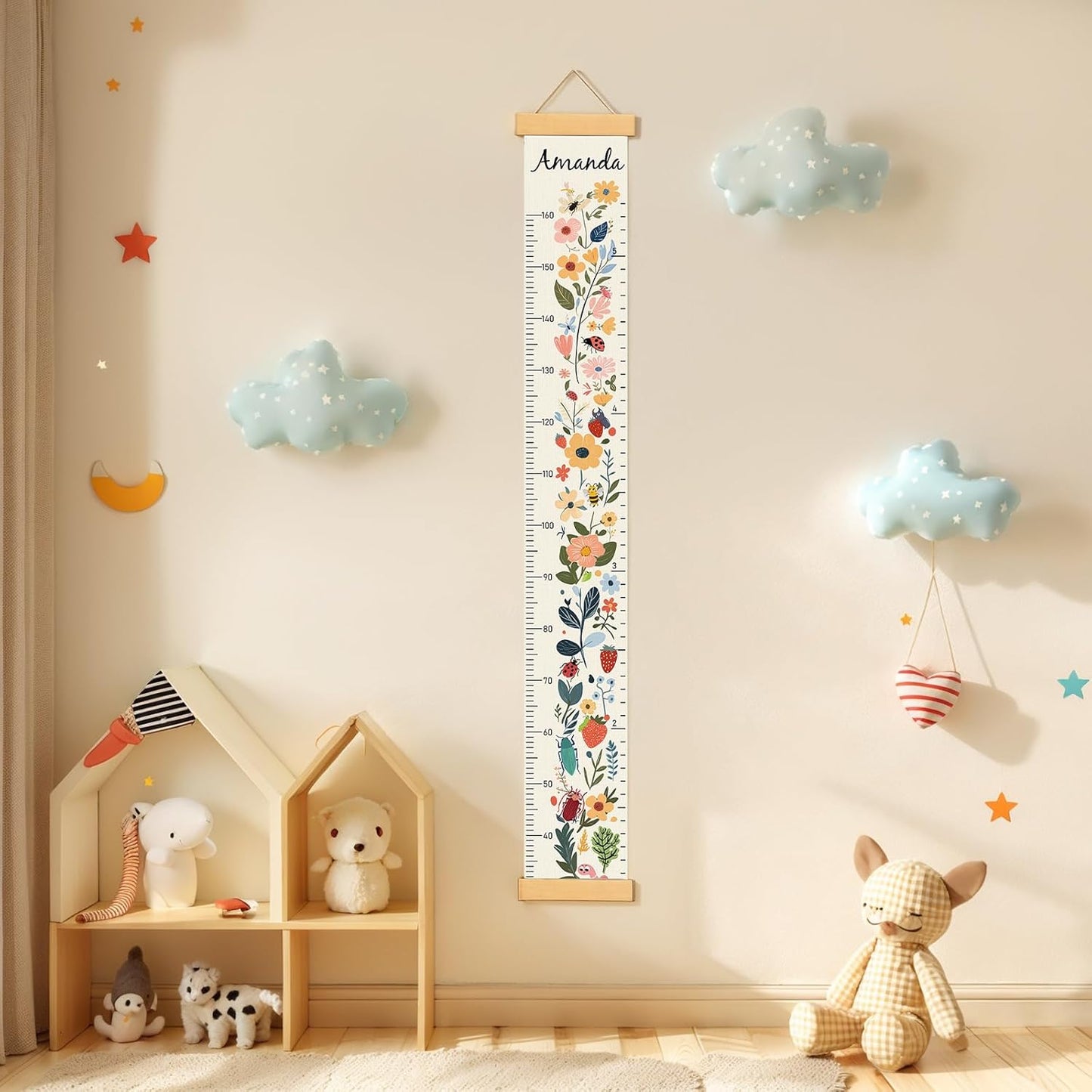 Personalized Name Growth Chart Wall Decor for Kids – Canvas Removable Height Chart Measuring Ruler 59" x 7.9" (Flowers)