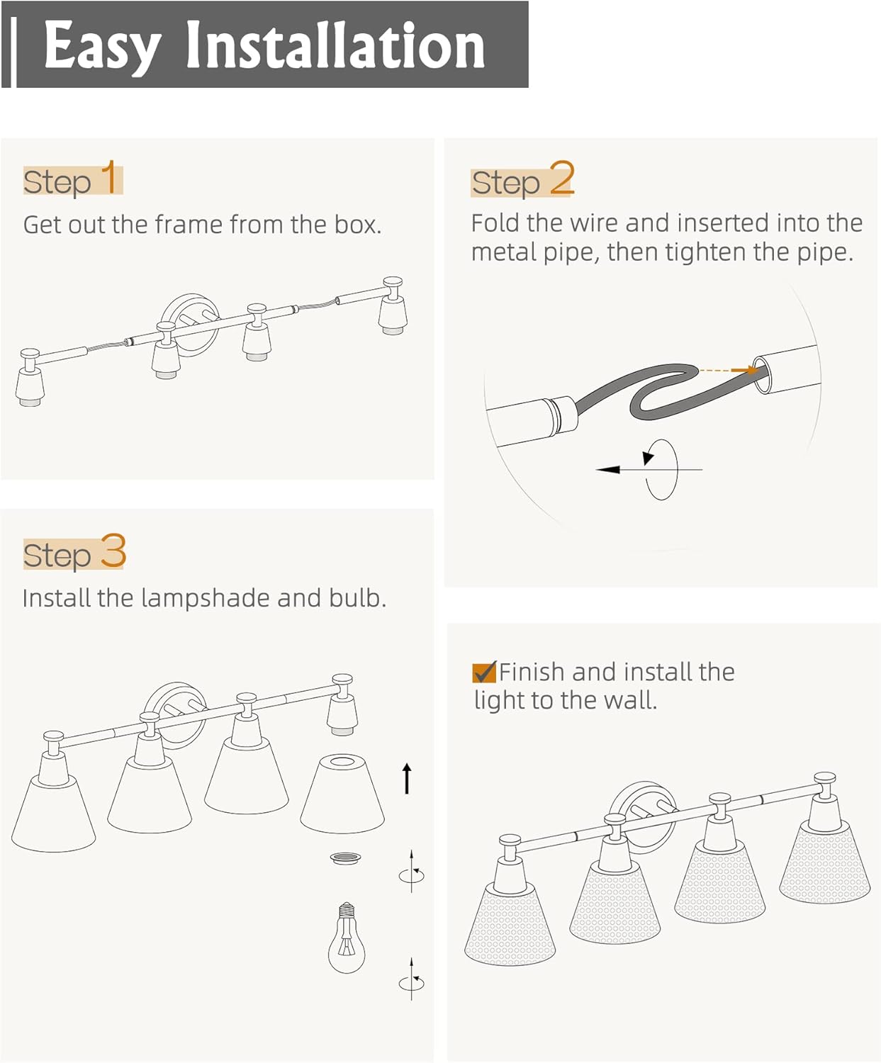 FEMILA Bathroom Vanity Light, 4-Lights Bathroom Light Fixtures Over Mirror, Modern Wall Mounted Lamp, Hammered Metal Shade, 4FG59B-4W BK