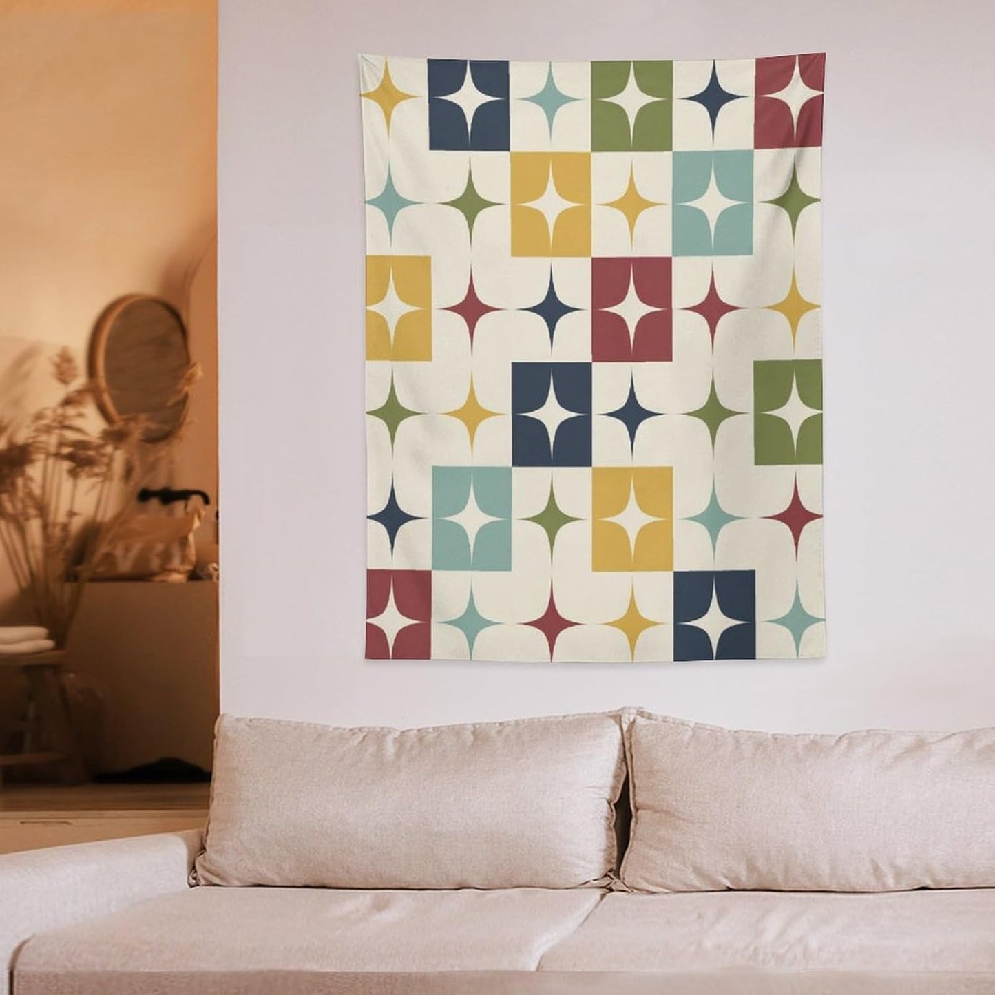 ICMOLYYENLO Boho Medieval Cat Tapestry, Abstract Atomic Starburst Geometric Aesthetic Art Wall Hanging For Bedroom Living Room Dormitory 60x60 Inches