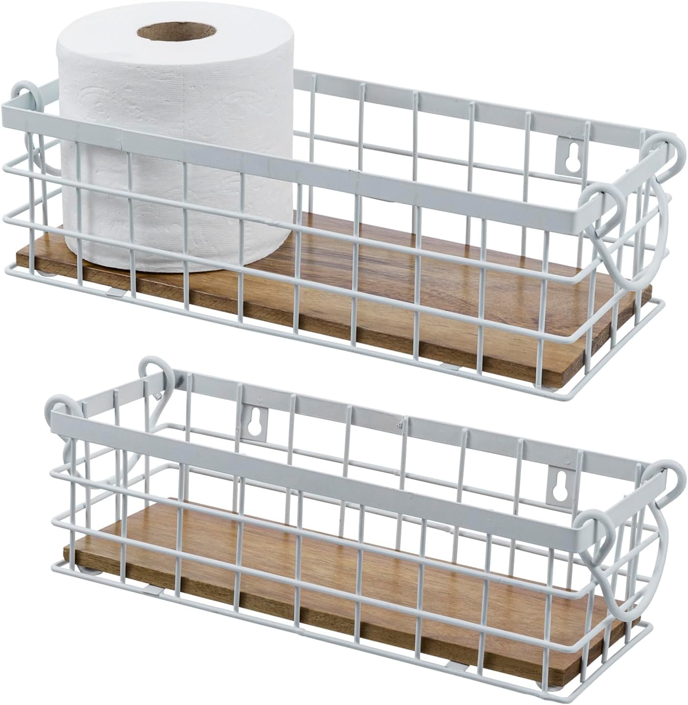 MyGift 13 and 12 Inch Nesting Storage Baskets with Handles, Wall Mounted or Tabletop White Metal Wire and Premium Acacia Wood Decorative Shelf Organizer Bins, 2 Piece Set