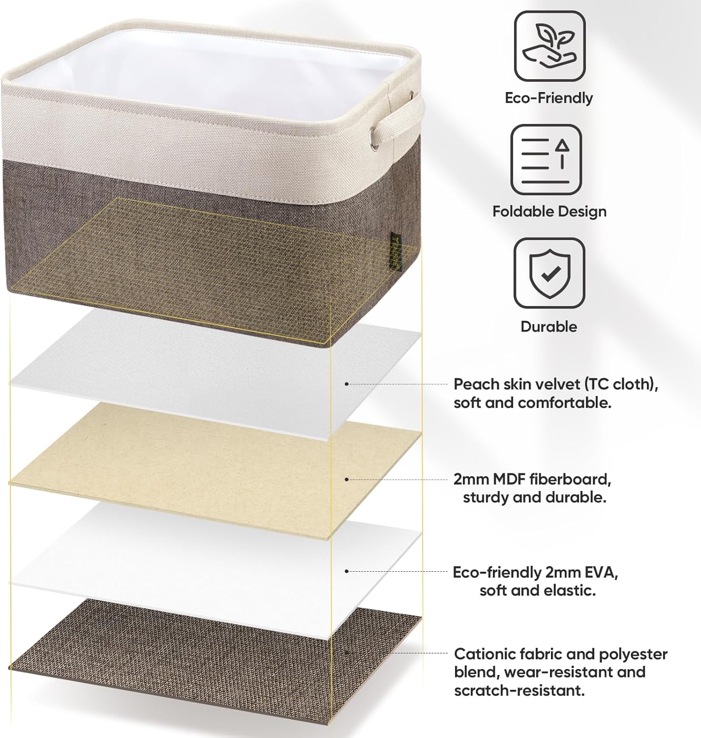 BALEINE 3 Pack Fabric Storage Bins for Shelves, Linen Storage Baskets for Organizing, Decorative Closet Bins for Clothes, Home (Brown, 15"x11"x9.5") ﻿