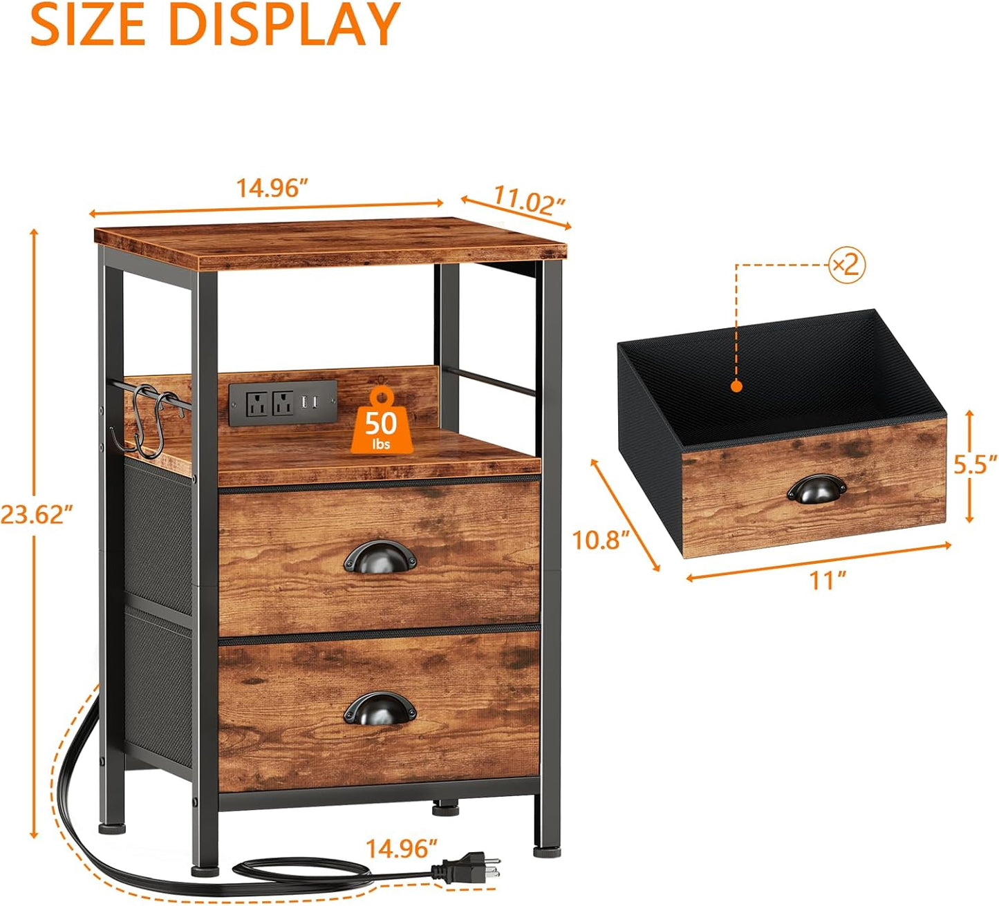 Furologee Nightstand Set of 2, Rustic Brown, with Charging Station and USB Ports, Side Tables with 2 Fabric Drawers, Bedside Tables with Storage Shelf & Hooks, for Living Room/Bedroom