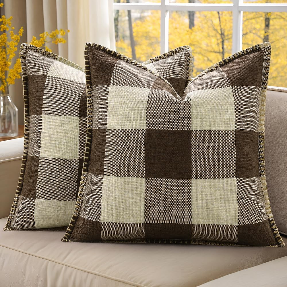 decorUhome Buffalo Plaid Check Throw Pillow Covers 18x18 Set of 2, Outdoor Decorative Farmhouse Neutral Pillow Covers with Stitched Edge for Bed Couch Sofa, Brown and Beige
