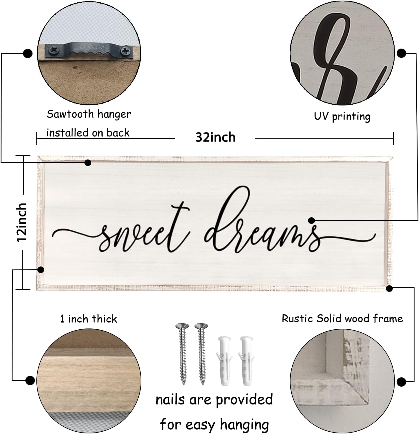 Sweet Dreams Wall Decor Above Bed 32''×12'' Master Bedroom Large Sweet Dreams Sign Farmhouse Wall Decor Guest Room Wood Rustic Framed Wall Art Hanging Decoration (White)