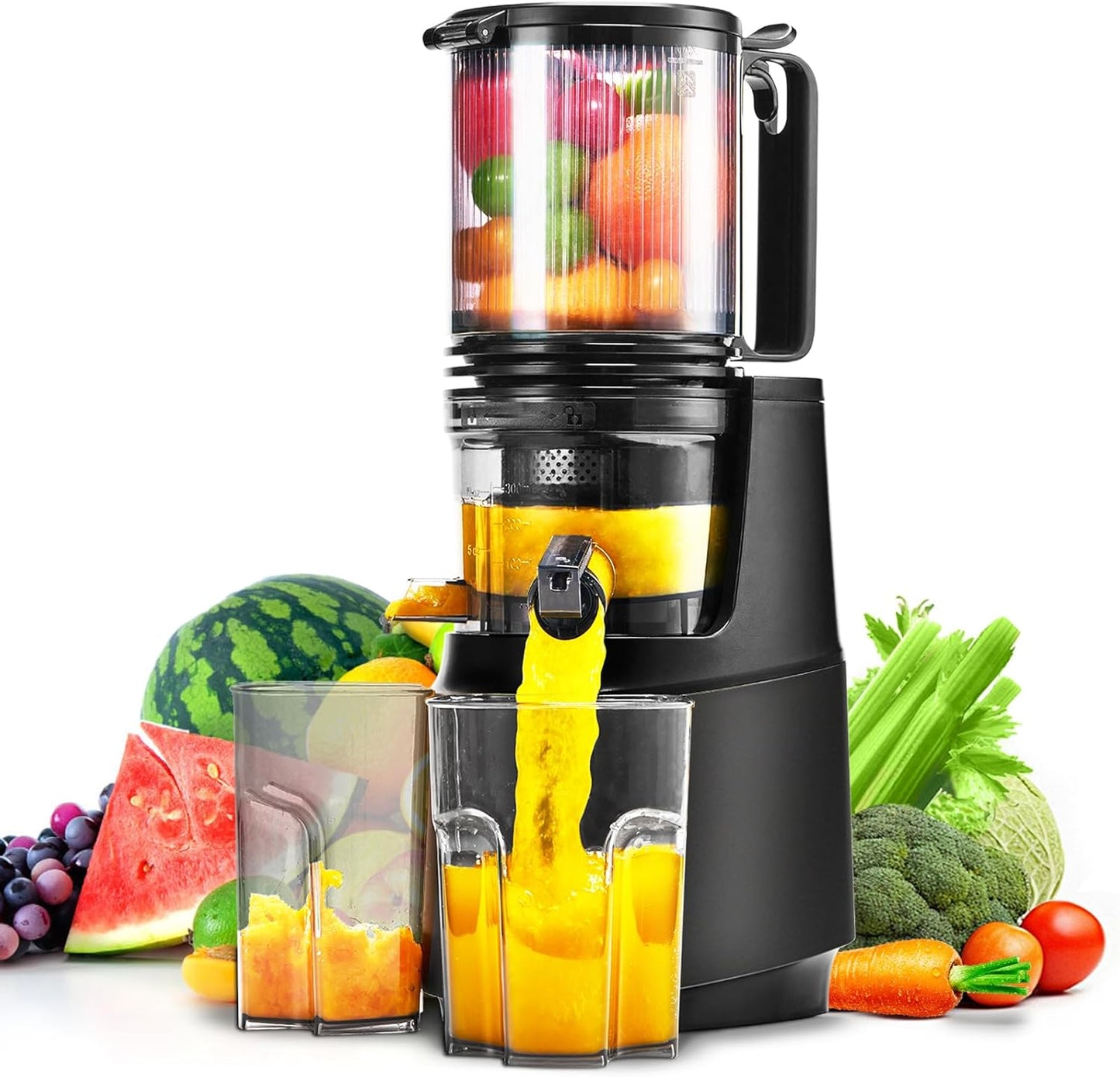 Cold Press Juicer,Slow Masticating Juicer Machines with 5.3" Large Feed Chute for Most Fruits and Vegetables,Easy to Clean Lemon Orange juicer with 250W Motor and High Juice Yield (Obsidian black)