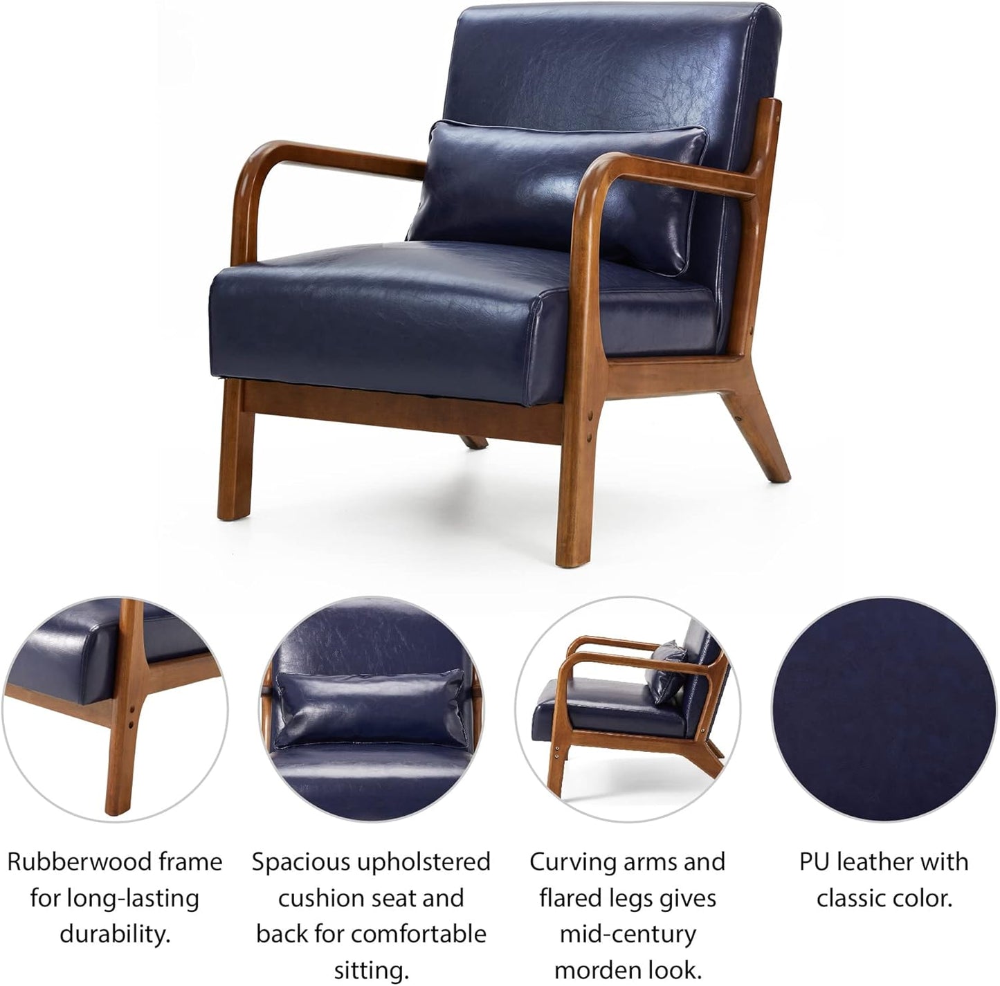Glitzhome 2 Set Mid Century Navy Blue Accent Armchair, Single Reading Armchair PU Leather Lounge Chair with Walnut Ruberwood Frame