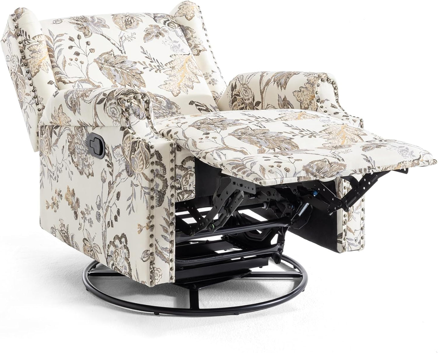 UIXE Swivel Rocker Manual Recliner Chair, Wingback Swivel Glider Fabric Nursery Reclining Sofa Chair, High Back Upholstered Arm Chair for Living Room Bedroom - Beige Plants