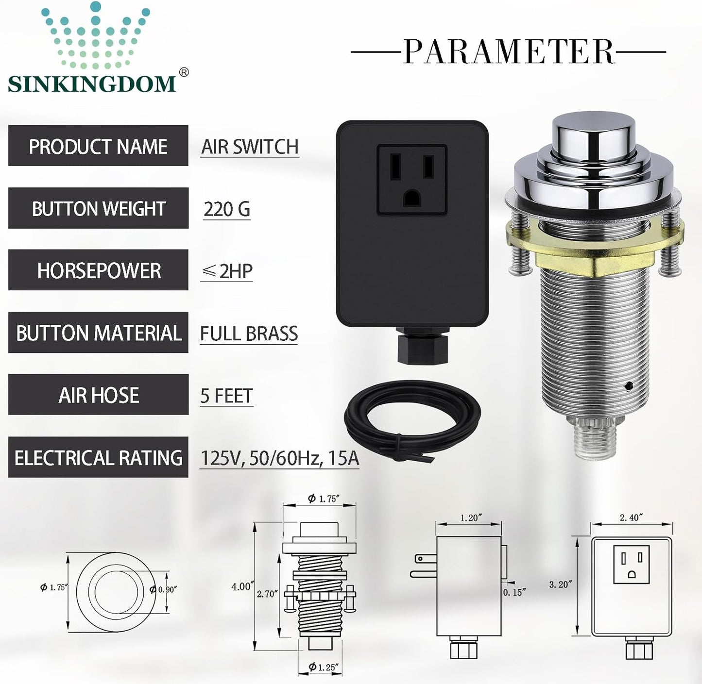 SinkTop Air Switch Kit (Long Full Brass Button) for Garbage Disposal, Cordless Chrome