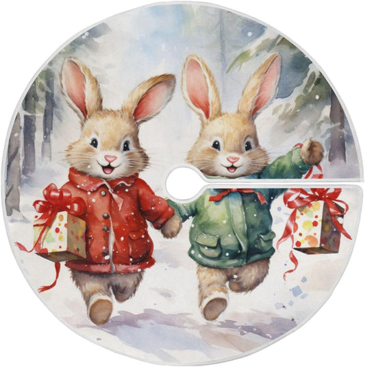 Christmas Tree Skirt - 48 Inch Rabbit Xmas Tree Mat for New Year Party Decorations