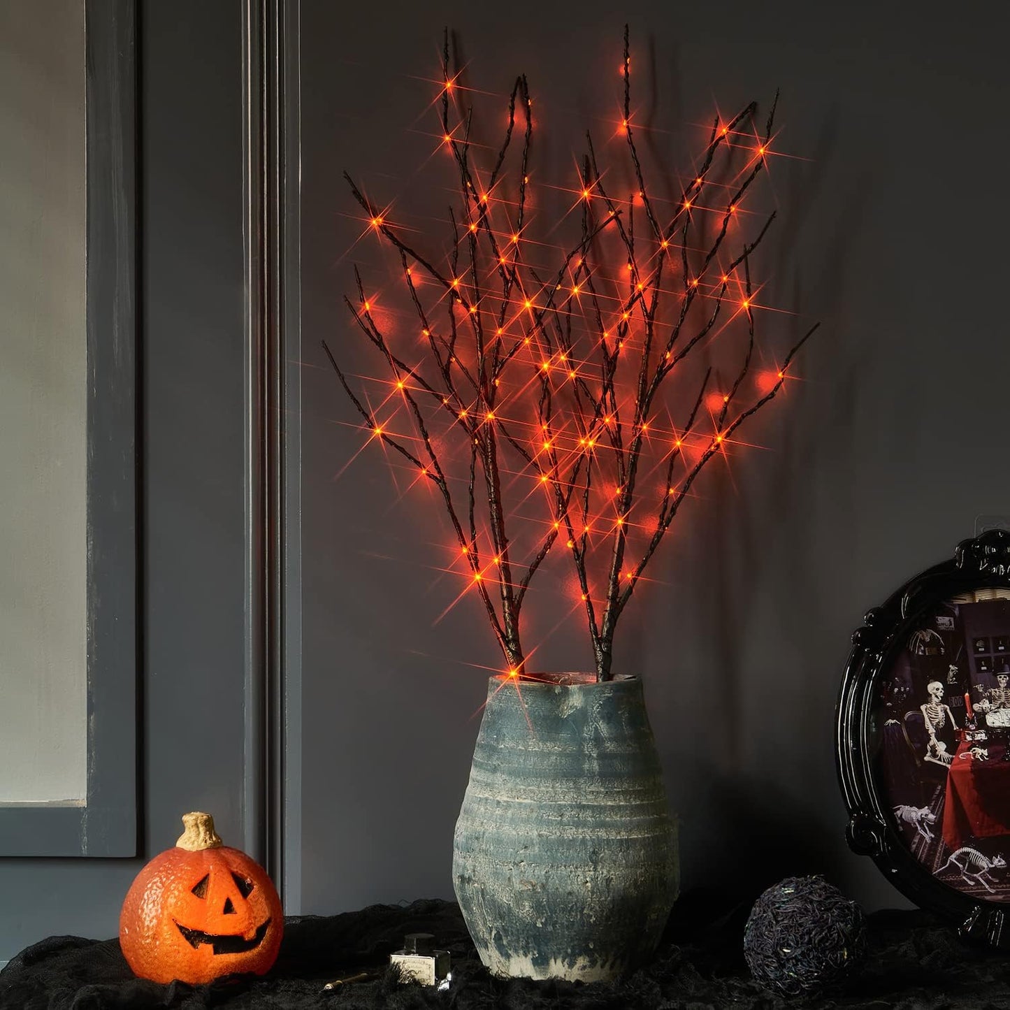 Fudios Halloween Lighted Branches with Timer 100 LED Orange Fairy Lights 32IN, Black Tree Branch Lights Battery Operated for Home Party Mantle Decoration