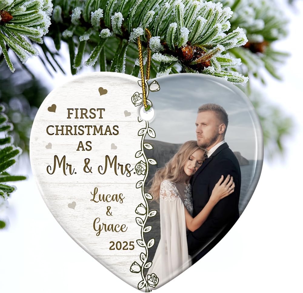 Personalized Heart Ceramic Ornament - Holiday Keepsake for Couples, Newlyweds, Home Tree Decoration for Winter - Custom Photo First Christmas Married