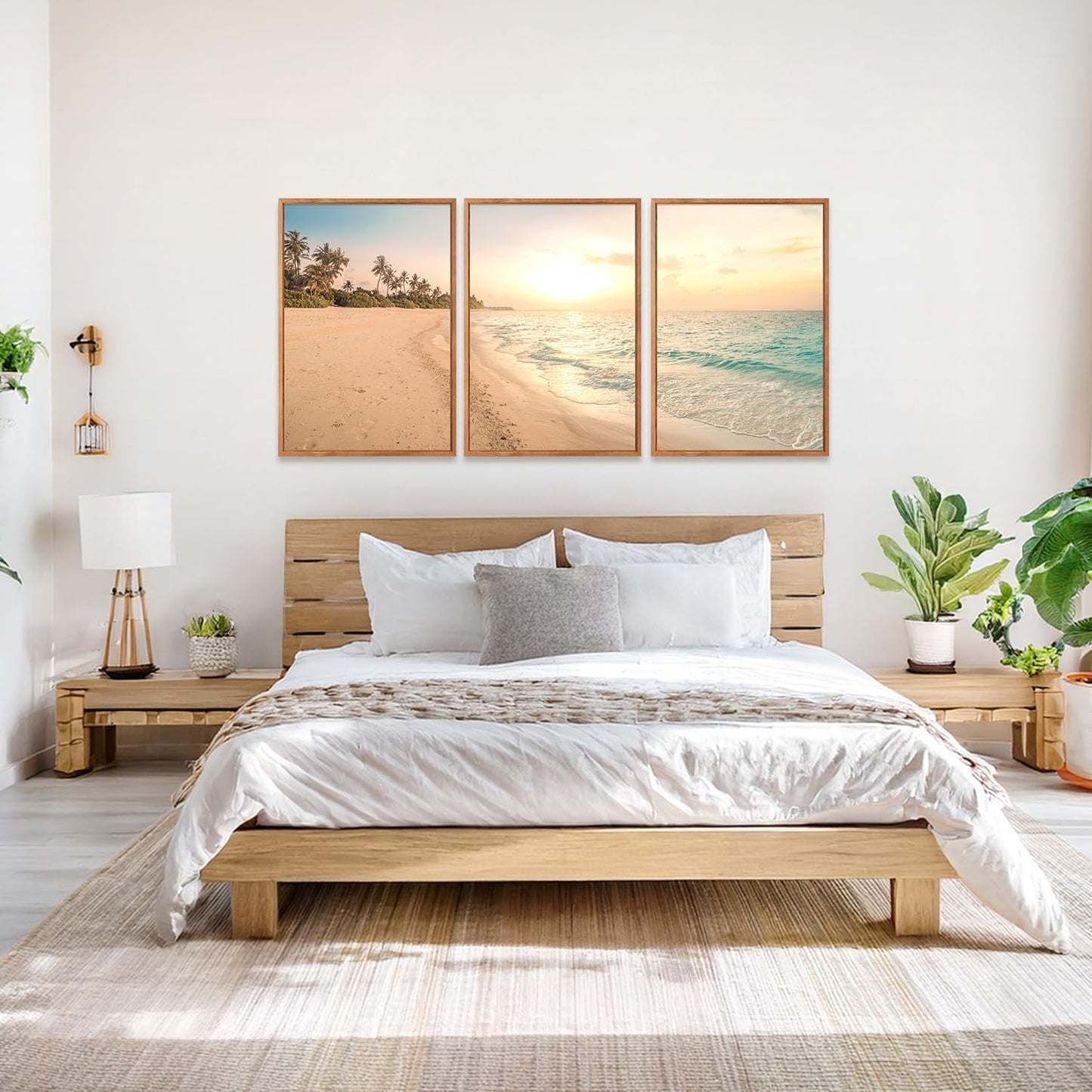 Aurlan Tropical Beach Sunset Framed Wall Art(16"x24"), 3PCS Coastal Ocean Island Canvas Artwork, Vintage Seascape Landscape Scenery Decor Prints for Office Home