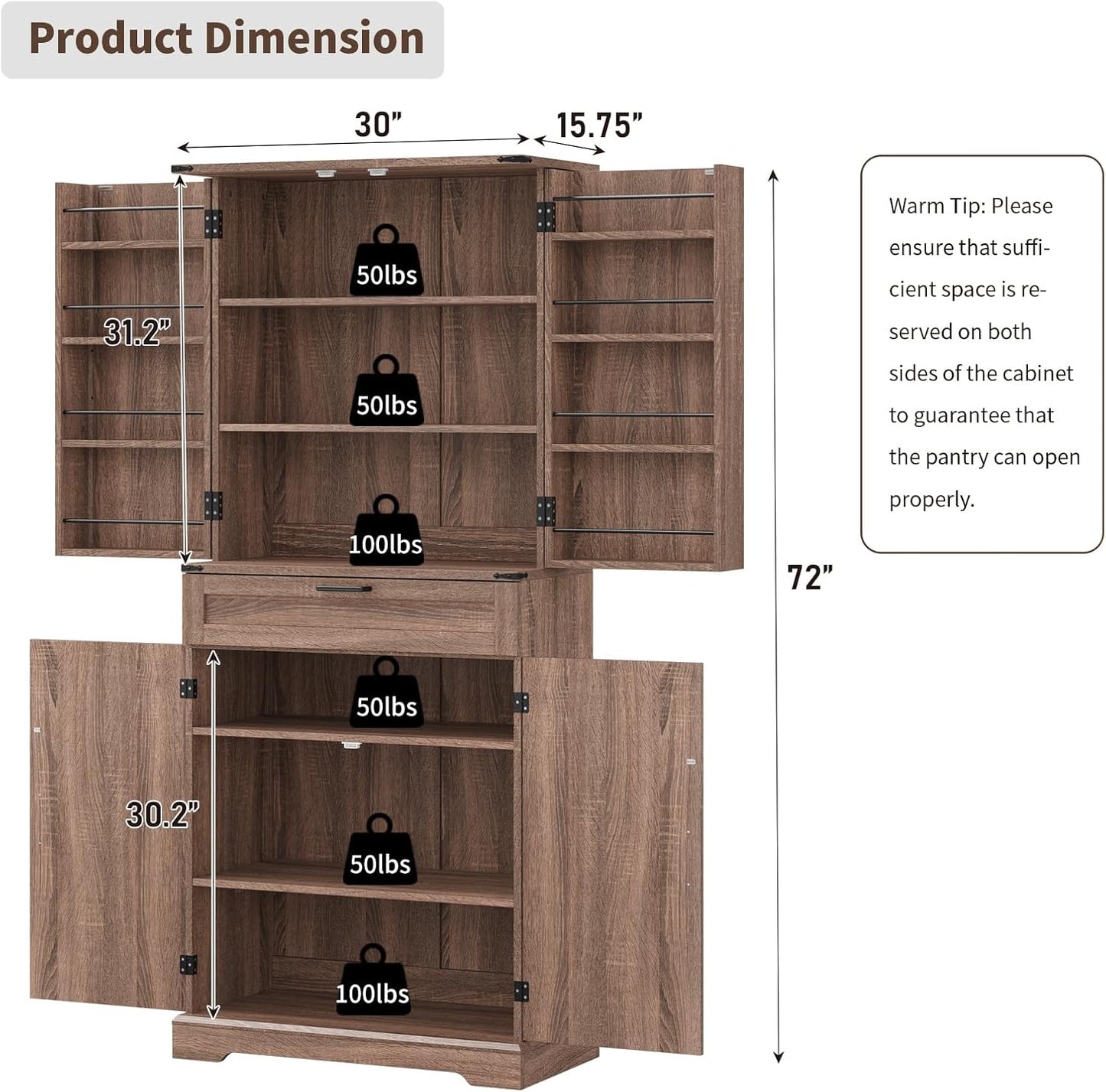 72'' Kitchen Storage Pantry Cabinet, Tall Storage Cabinet with 8 Door Shelves, 2 Cabinets and 1 Drawer, Freestanding Cupboard for Kitchen, Dining Room, Bathroom, Laundry, Living Room, Espresso
