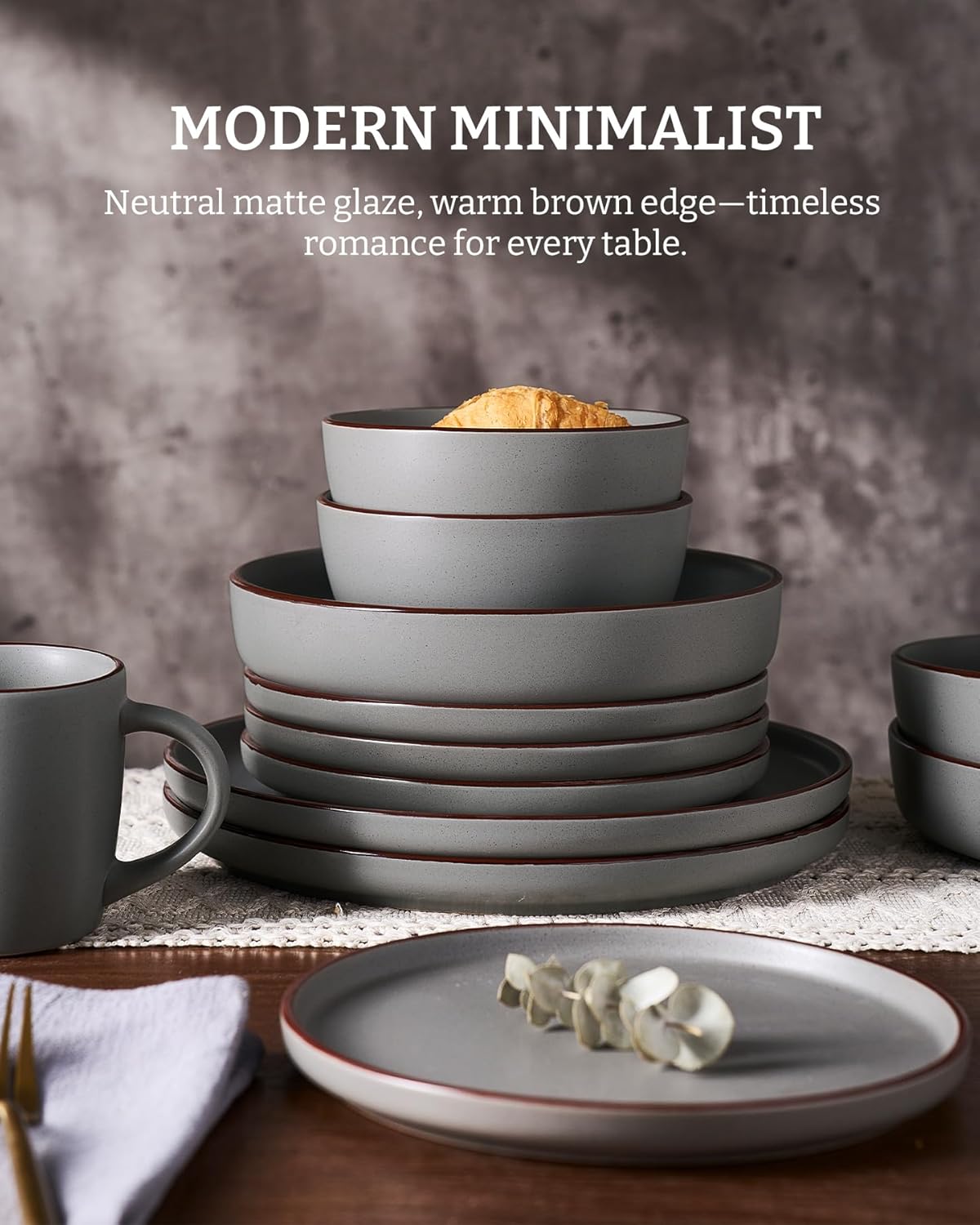 Famiware Mercury Plates and Bowls Sets, 12 Pieces Stoneware Dinnerware Sets, Dishes Set for 4, Microwave and Dishwasher Safe, Dark Grey