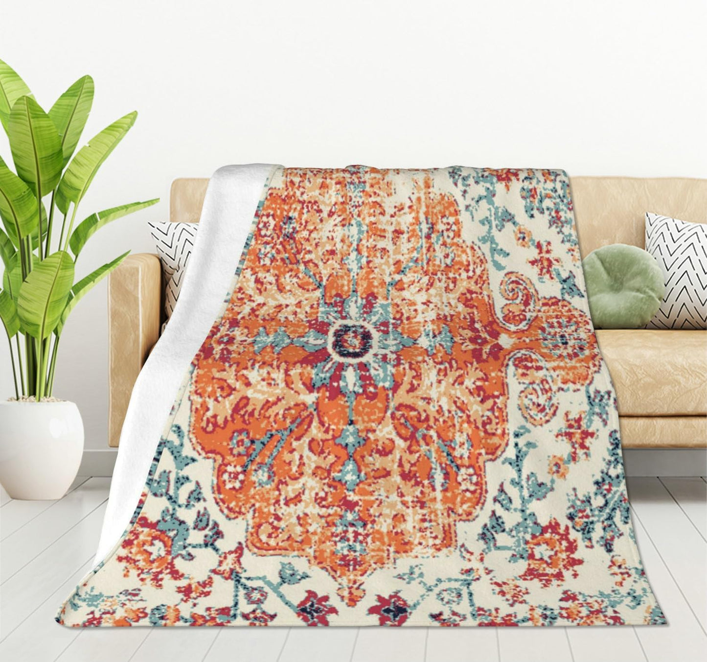 HGOD DESIGNS Carpet Pattern Throw Blanket Boho Style Ethnic Design Orange Blue Soft Blankets and Throws 50x60 Inch Caring for Women Men (130x150cm)