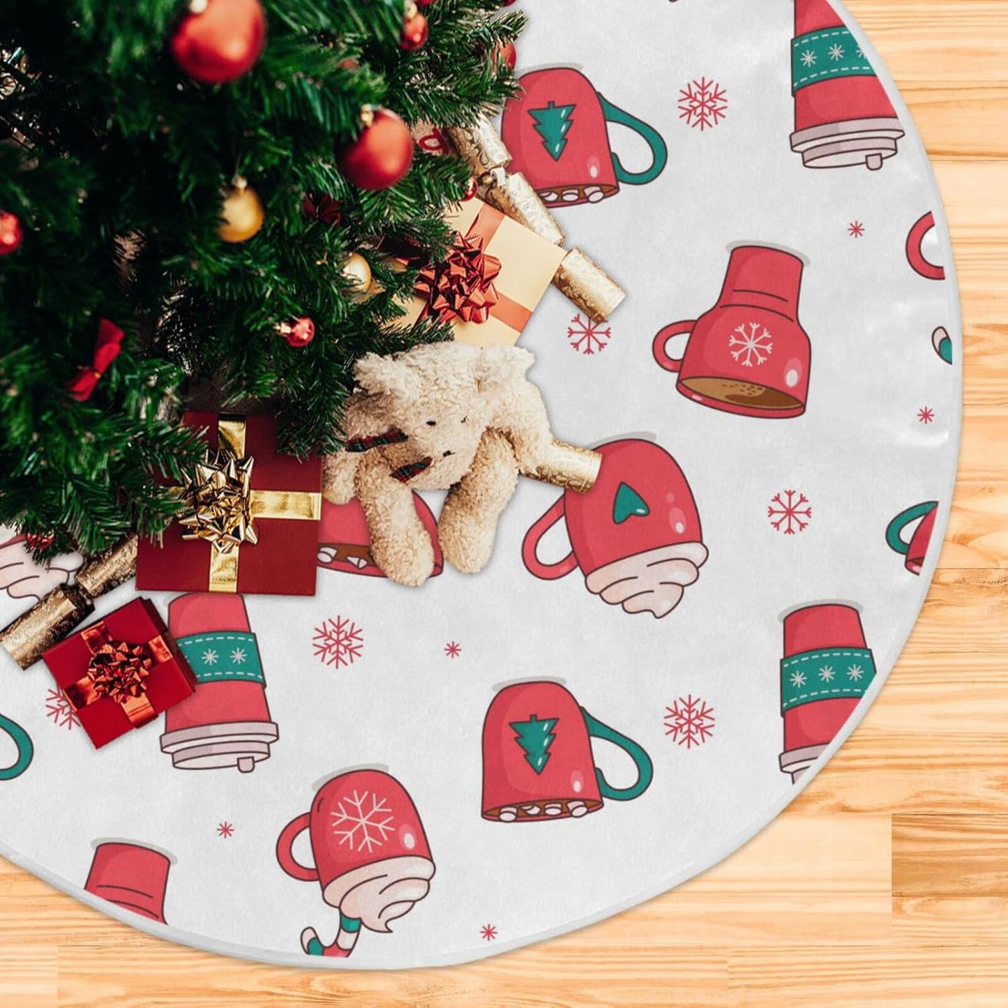 Christmas Hot Chocolate Coffee Tree Skirt, Seasonal Tree Mat Holiday Party Supplies Ornaments Indoor Outdoor Decorations for Tabletop Trees 47.2 Inches