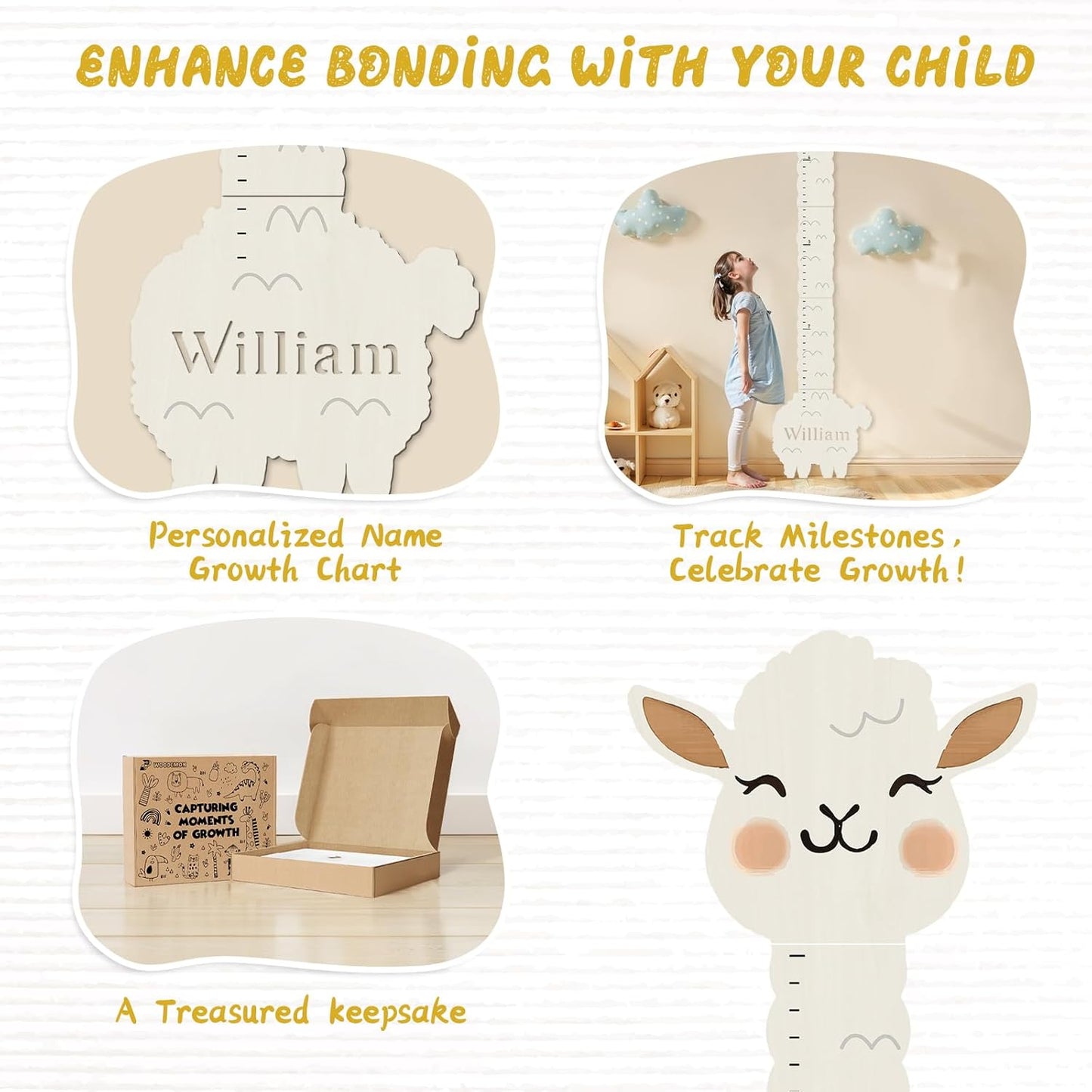 Personalized Name Height Chart for Kids, Alpaca Wood Growth Chart, Height Measuring for Children, Boy Girls Height Wall Chart Growth Measuring Ruler for Nursery Decor, Lightweight