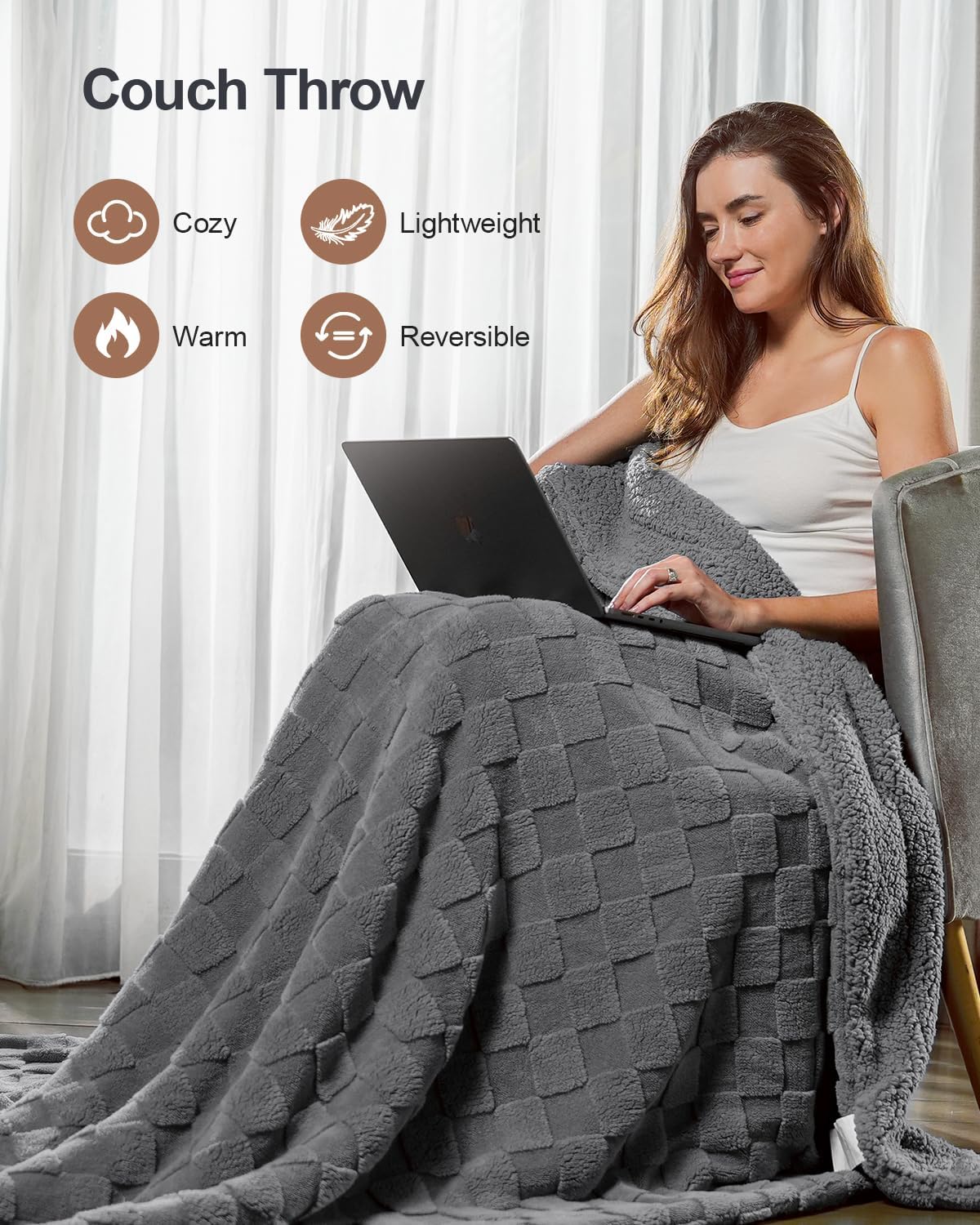 Pawque Super Soft Cozy Throw Blanket Twin Size for Couch Bed, Fluffy Sherpa Fleece Reversible Thick Warm Fuzzy Blanket for All-Season, 3D Checkered Jacquard Decorative Blankets, Grey, 60" x 80"