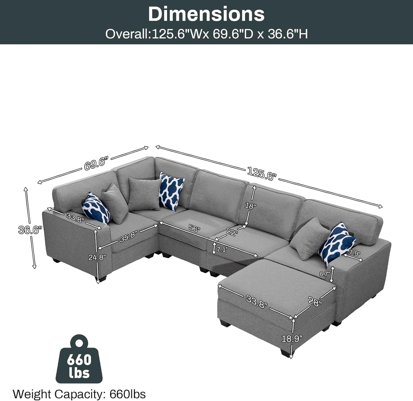 L Lengend Vansen Modular Sectional Sofa U Shaped Couch with Ottoman Modern Reversible Corner Sectional Couch for Living Room (Dark Grey, U Shaped Sofa-1)
