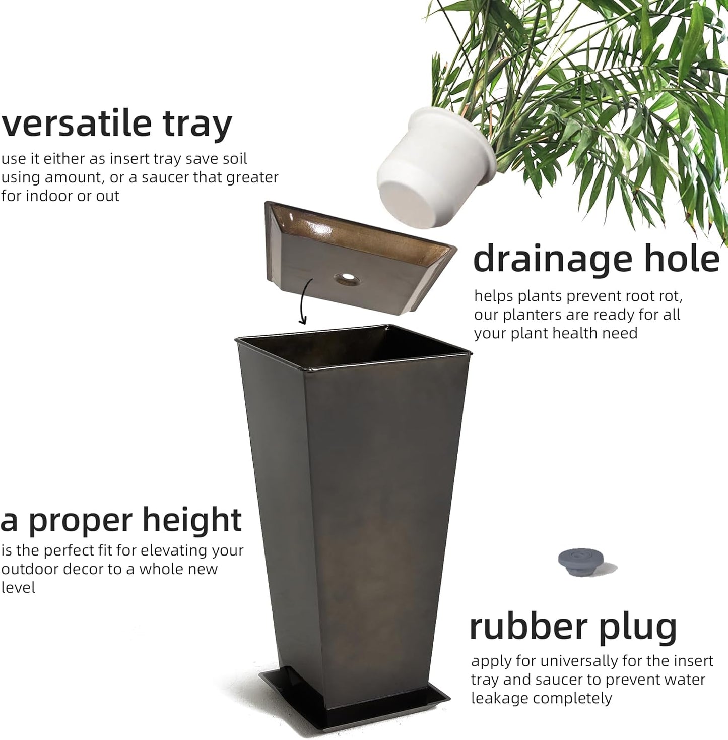 KOL 28''H. Tall Galvanized Steel Glazed Planter with Insert, Set of 2, Planter Pots for Indoor & Outdoor Use, Decorative Flower Plant Pots with Drainage Hole for Front Porch, Patio, Deck - Black