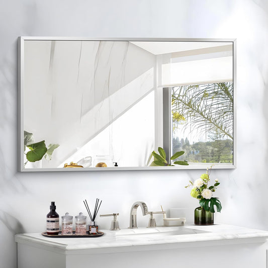 Silver Bathroom Mirror for Wall, 30x48 Inch Rectangle Mirrors with Metal Frame, Modern Vanity Wall Mirror Decor for Bathroom Living Room, Entryway Hangs Horizontal or Vertical