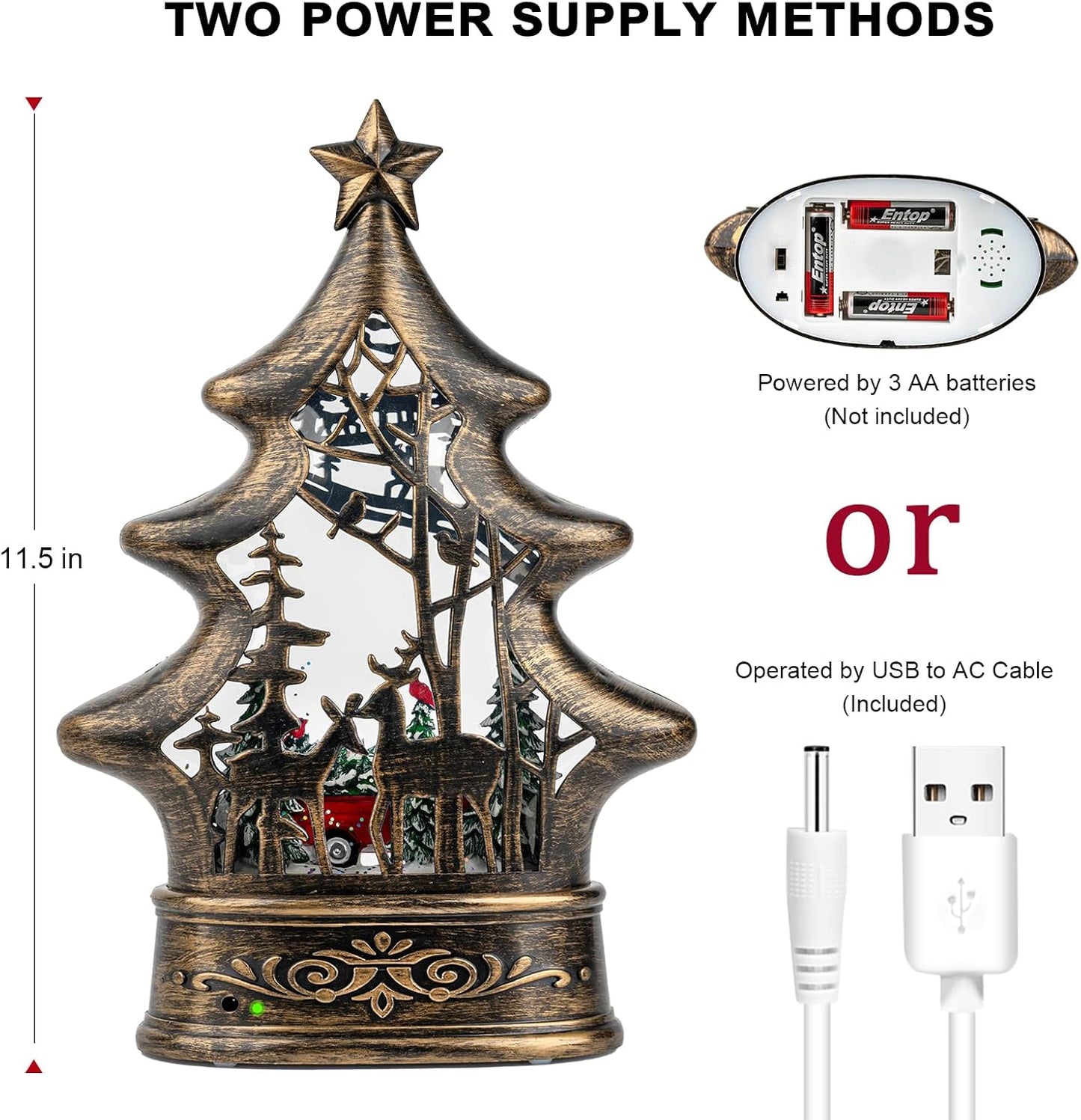 Christmas Snow Globe Lantern Water Glittering Christmas Tree with Red Truck, USB Lined/Battery Operated Lighted Lantern for Christmas Festival Decoration Gifts