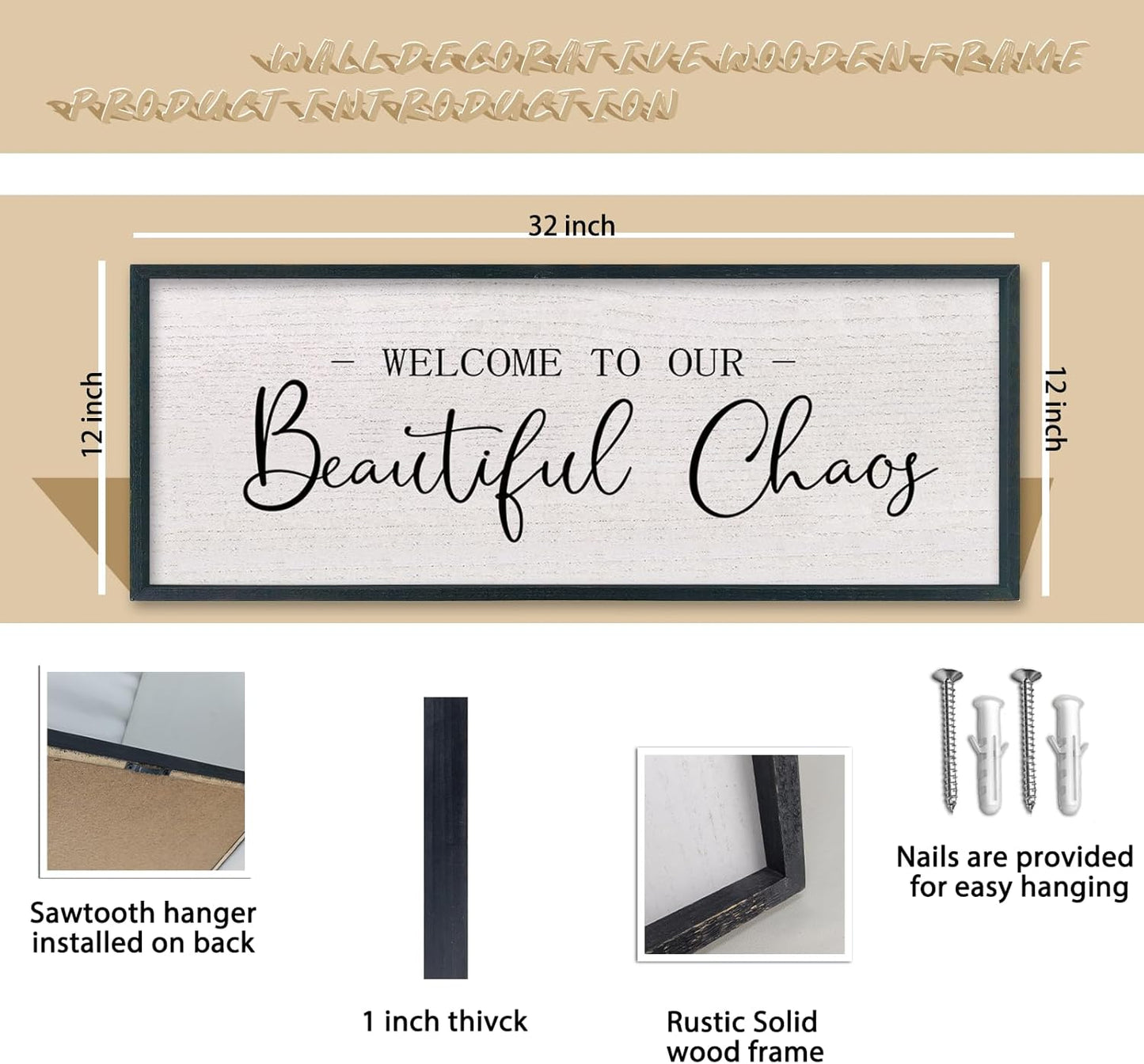 comurdyo Welcome To Our Beautiful Chaos Wall Decor Art 32"X12" for Home Entryway Sign Large Wood Framed Wall Hanging (Black)