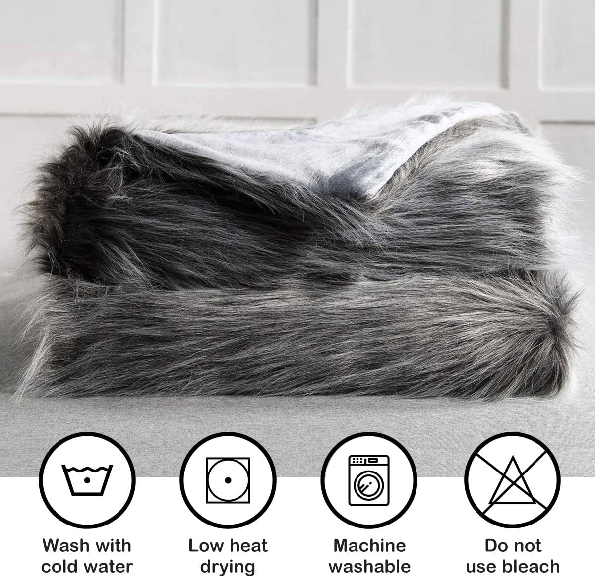 Luxury Faux Fur Blanket King Size, Ultra Big Grey and Black High Pile Mixed Faux Fur Throw Blanket, Oversized Super Warm, Fuzzy, Elegant, Fluffy Decoration Throws for Sofa, Couch and Bed, 104''x 90''