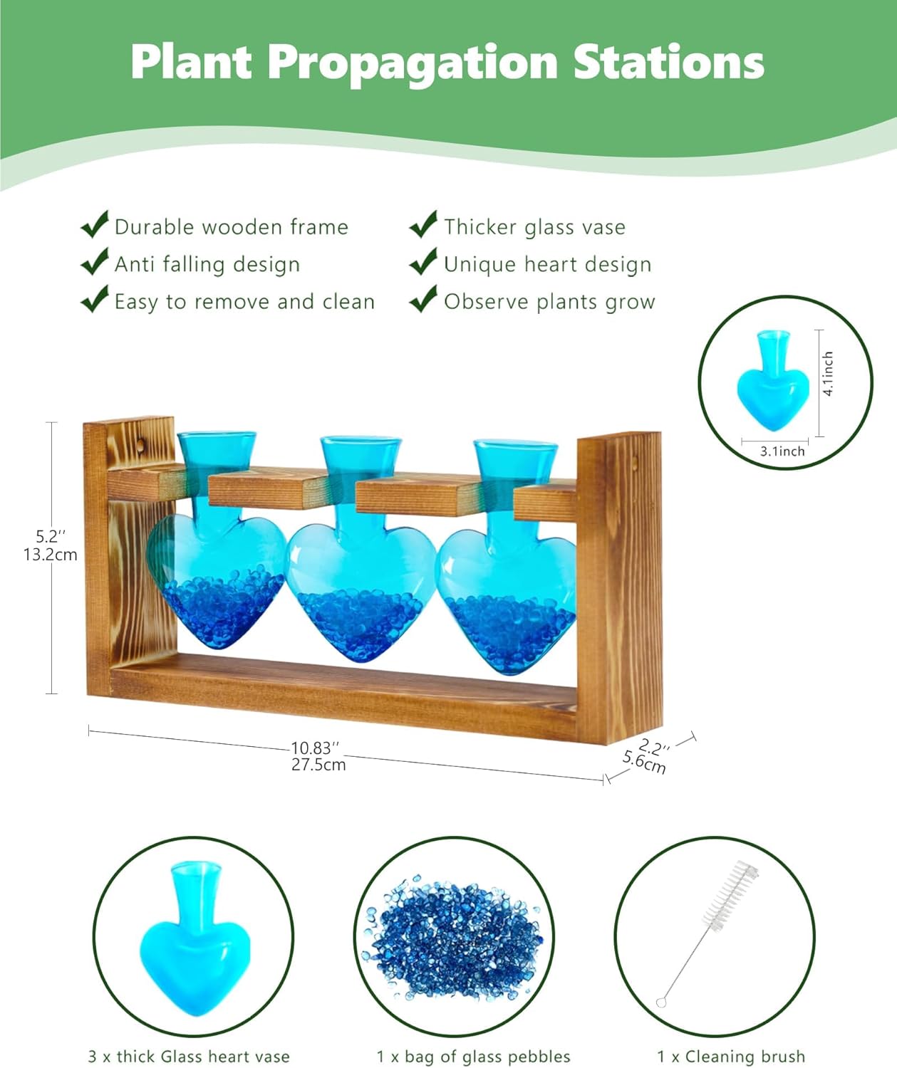 Nacome Plant Terrarium for Office Decor: Birthday Gifts for Plant Lovers Women Mom Wife - Wooden Stand Tabletop Planter 3 Bulb Glass Vase Heart Shaped for Hydroponics Indoor Home