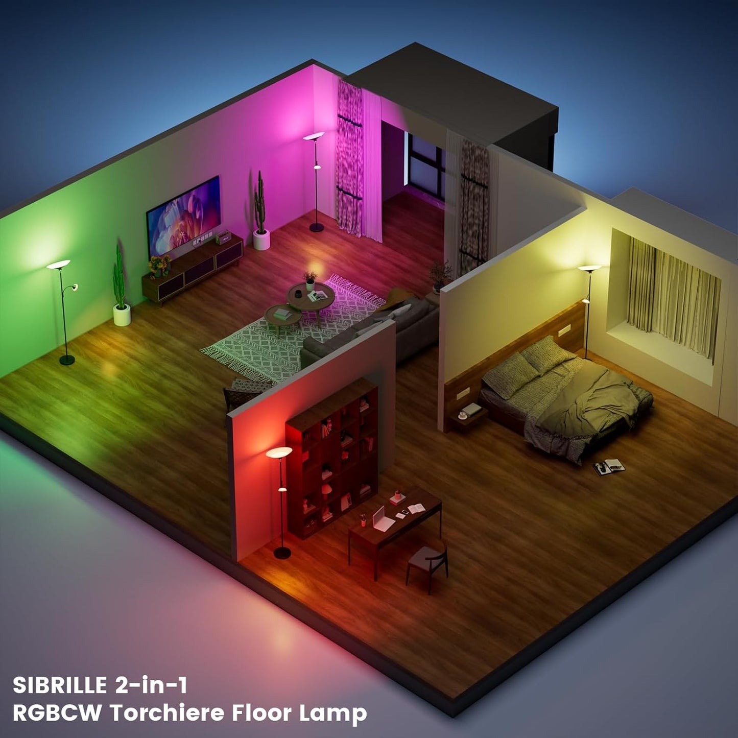 RGB Torchiere Floor Lamp - 2 Way Dimmable LED Standing Lamp with Remote&Button Control, 34W Rotatable Floor Reading Light, 72'' Tall Modern Corner Lamp for Living Room Bedroom Office, Black