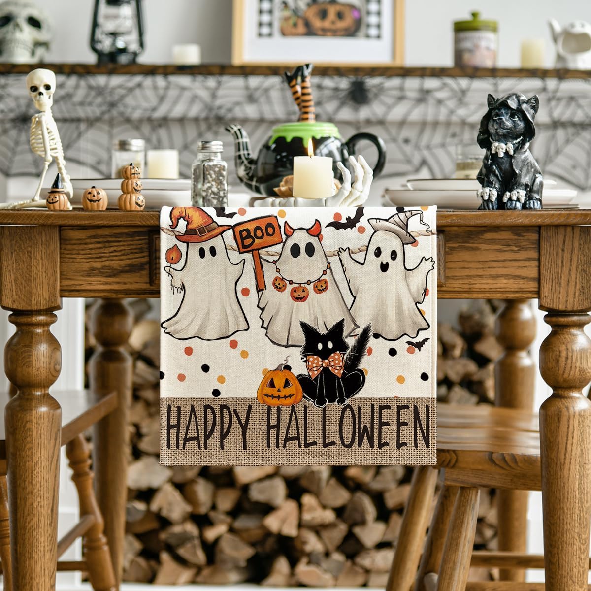Artoid Mode Beige Ghost Jack-O'-Lantern Black Cat Halloween Table Runner,Holiday Kitchen Dining Table Decoration for Home Party Decor 13 x 36 Inch