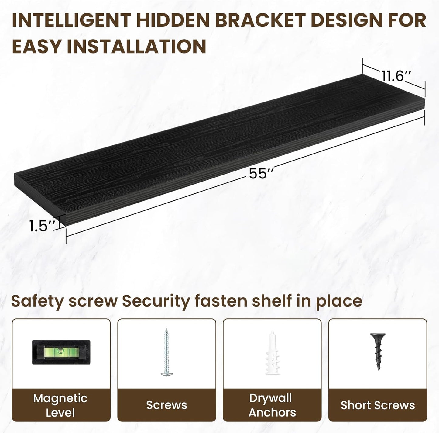 55 Inch Floating Shelves, 12 Inch Deep Floating Shelves for Wall, Floating Shelf with Invisible Brackets, Deep Shelves for Bathroom, Bedroom, Living Room, 1 Pack, Black