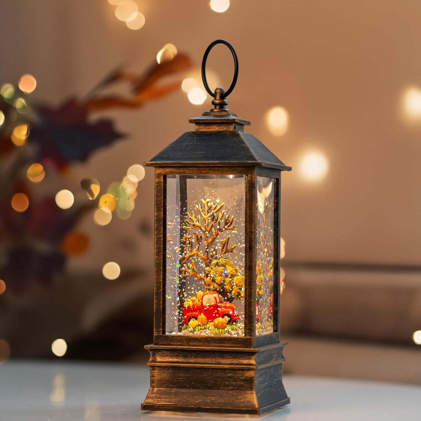 Fall Snow Globe Lantern Thanksgiving Glittering Lighted Lantern, Fall Harvest Day Decorations Gifts, Home Fall Halloween Decor (Pumpkins &Truck)